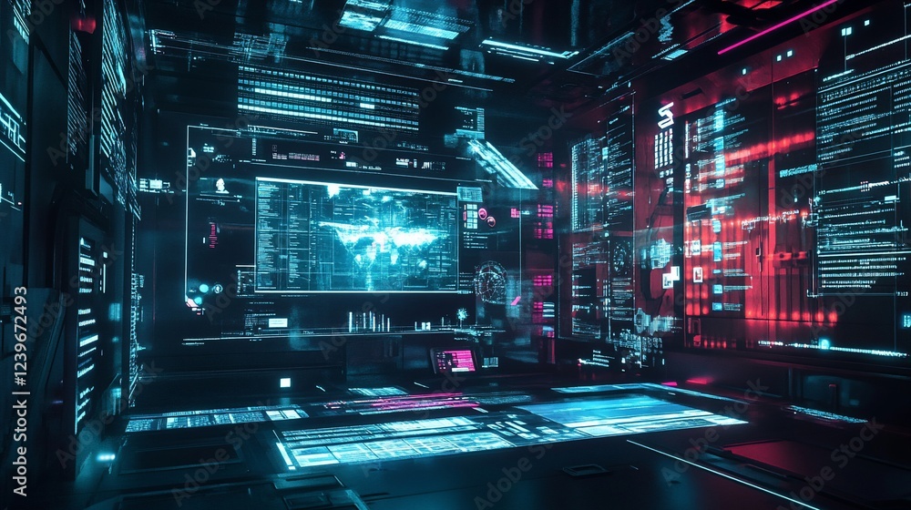 Poster futuristic data center with holographic displays and complex code visualizations