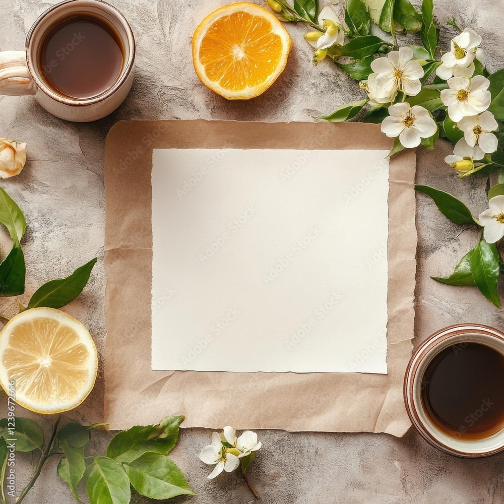 Aufkleber Inviting coffee and citrus arrangement on a textured surface with fresh flowers and blank paper for creative use. Generative AI