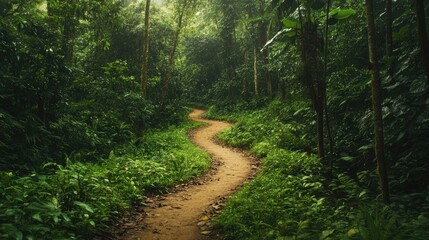 Fototapeta premium A winding trail through a lush, green forest, where layers of diverse plant species coexist, creating a harmonious and vibrant environment full of life.