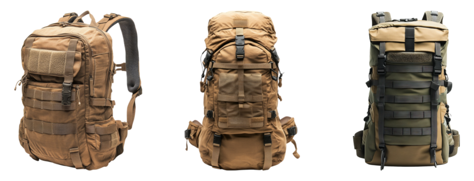 Three military-style backpacks isolated on a transparent background