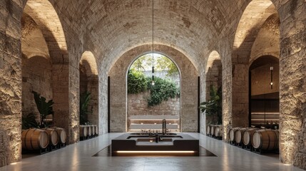 Fototapeta premium Ancient stone wine cellar with arched ceilings lined with aging barrels