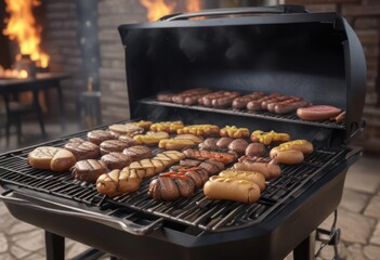 Black BBQ grill with sizzling burgers and hot dogs,  grill,  summer,  barbecue