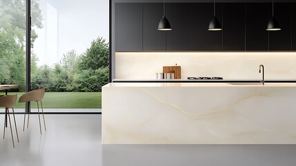 Modern kitchen design featuring a sleek countertop and minimalist decor with natural light and greenery outside.