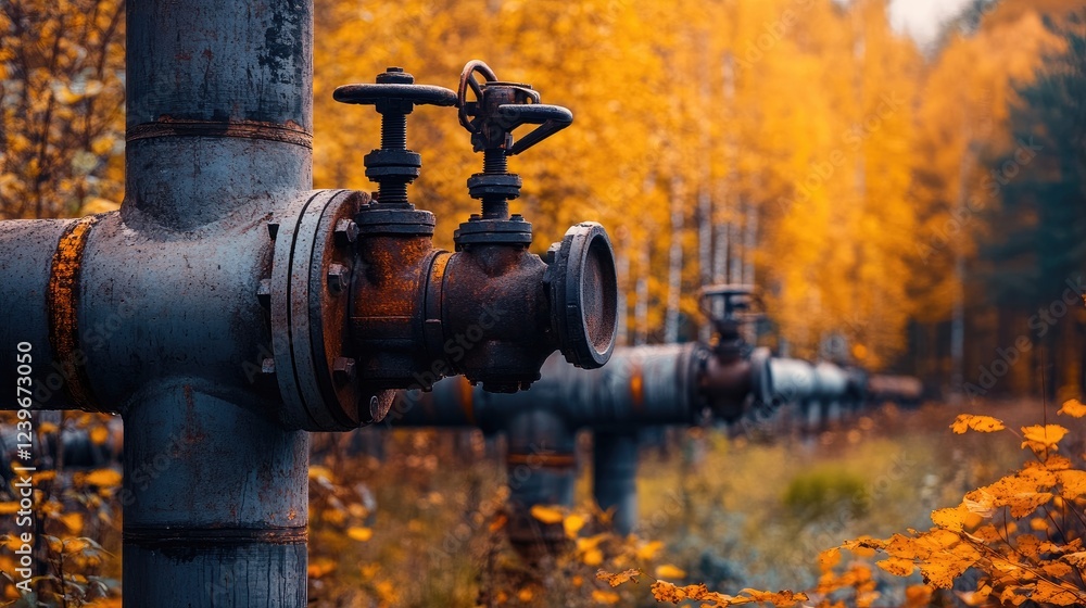 Poster advanced pipeline fittings in the foreground, with autumn foliage in the background, blending indust