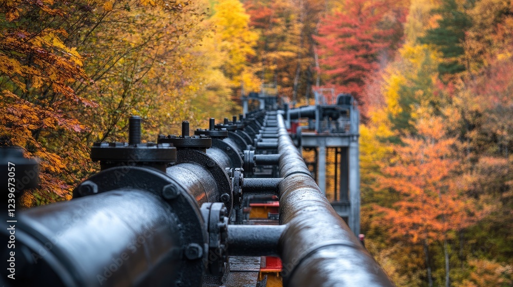 Poster advanced pipeline fittings in the foreground, with autumn foliage in the background, blending indust