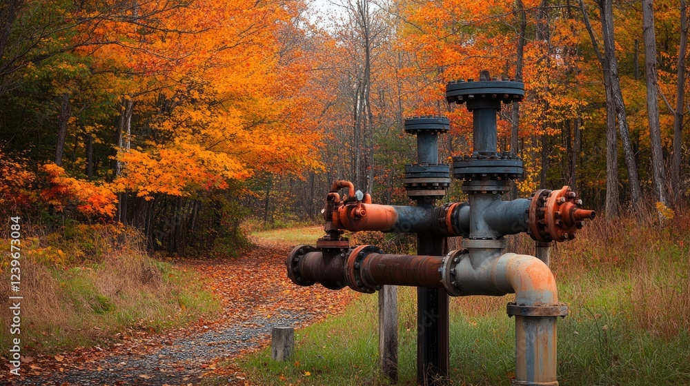 Poster advanced pipeline fittings in the foreground, with autumn foliage in the background, blending indust
