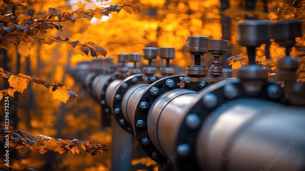 Poster advanced pipeline fittings surrounded by the rich colors of autumn foliage, combining technology wit