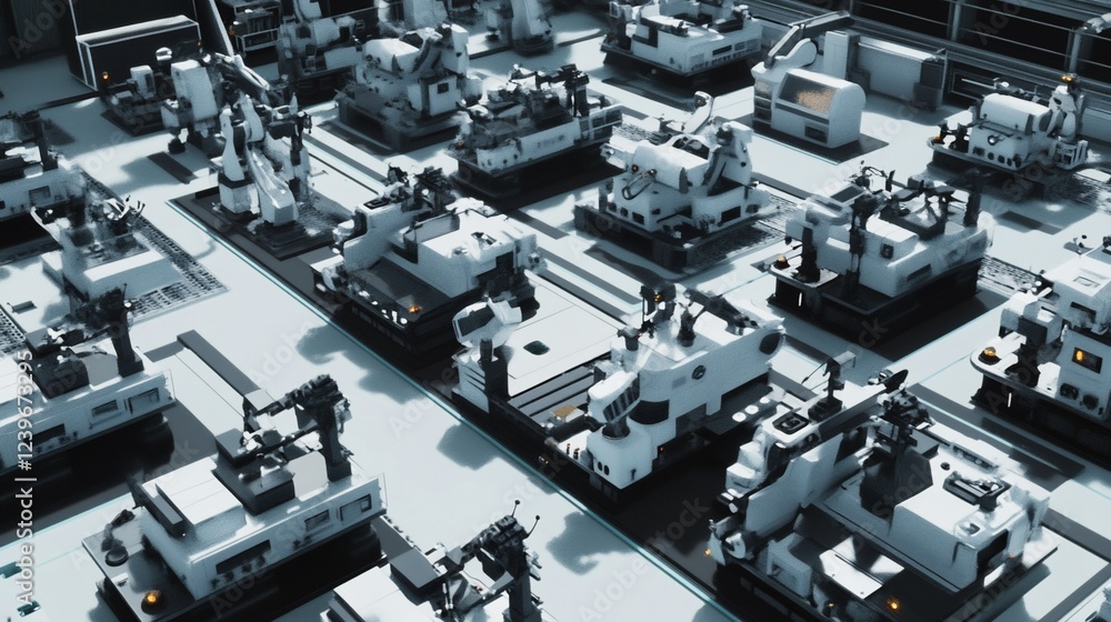 Poster automated robotic factory: high-tech assembly line with multiple machines