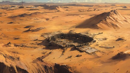 Obraz premium Aerial view of greenhouse ruins in a vast desert, surrounded by cracked earth and sparse vegetation, with distant dunes creating an isolated, desolate landscape