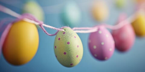 Colorful Easter eggs on a string, ready for hanging and decorating. A festive holiday display.