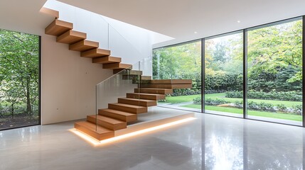 Modern interior featuring a sleek wooden staircase with large glass windows and a view of greenery.