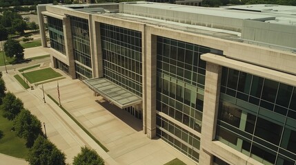 Fototapeta premium Aerial Perspective of Modern Federal Reserve Building with Prominent Entrance and Large Windows, Architectural Design, Urban Landscape, Financial Institution, Government Entity