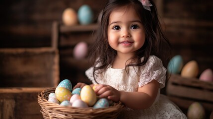 Fototapeta premium Easter celebration with a young child holding colorful eggs.