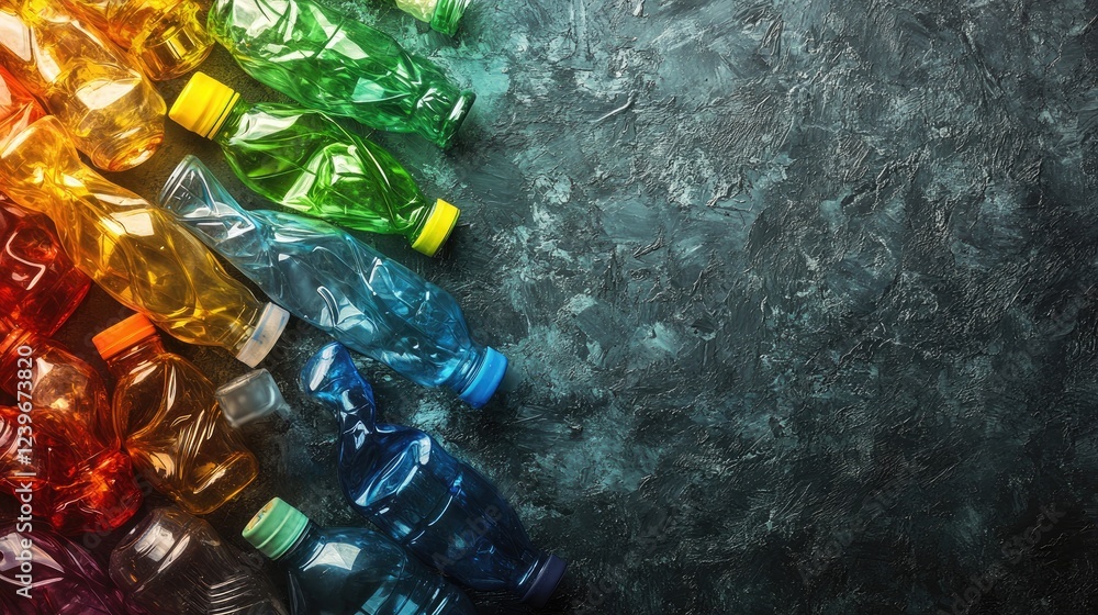 Poster an artistic display of colorful plastic bottles against a dark textured surface, promoting environme