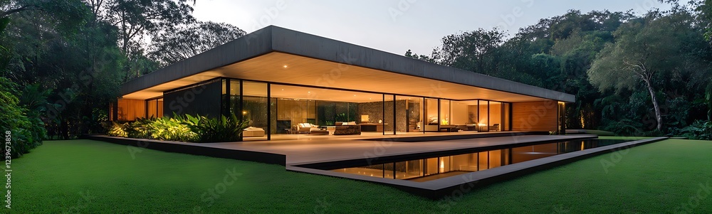 Poster modern architecture home surrounded by greenery, featuring large glass windows and a serene pool.