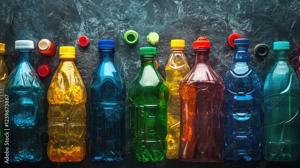 Poster an artistic display of colorful plastic bottles against a dark textured surface, promoting environme