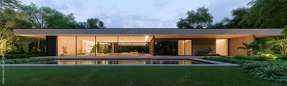 Poster modern house with large glass windows surrounded by greenery and a tranquil water feature at dusk.