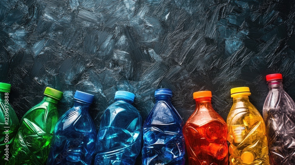 Poster an artistic display of colorful plastic bottles against a dark textured surface, promoting environme
