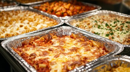 Variety of delicious baked pasta dishes in aluminum trays at a bustling food event in the evening