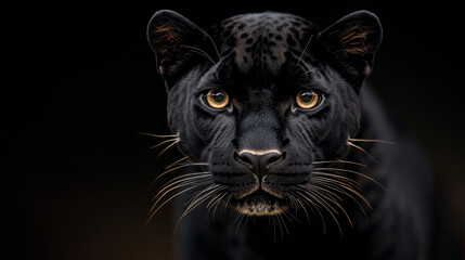 Obraz premium Majestic black panther gazing intensely with piercing amber eyes against a dramatic dark background showcasing power and elegance in the wild.