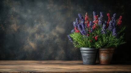 Vibrant flower pots with purple and red blooms on a rustic wooden table against a textured backdrop