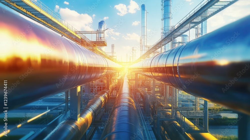 Poster an industrial pipeline system with complex technical designs and vibrant colors, against a modern hi