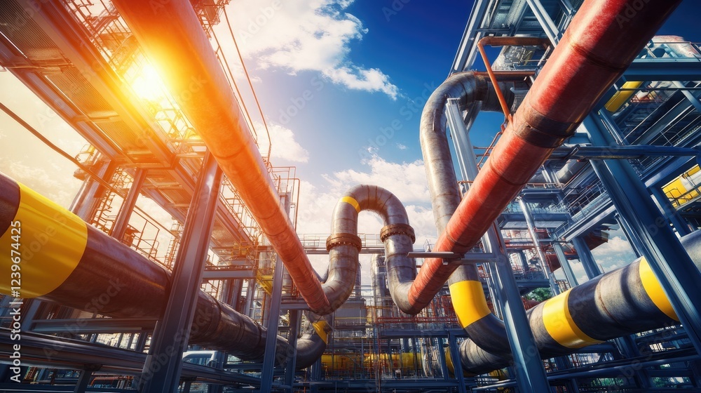 Poster an industrial pipeline system with complex technical designs and vibrant colors, against a modern hi