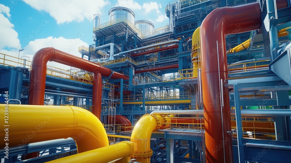 Poster An industrial pipeline system with vivid colors and intricate designs, situated in a high-tech environment under a sunny sky, showcasing advanced engineering.