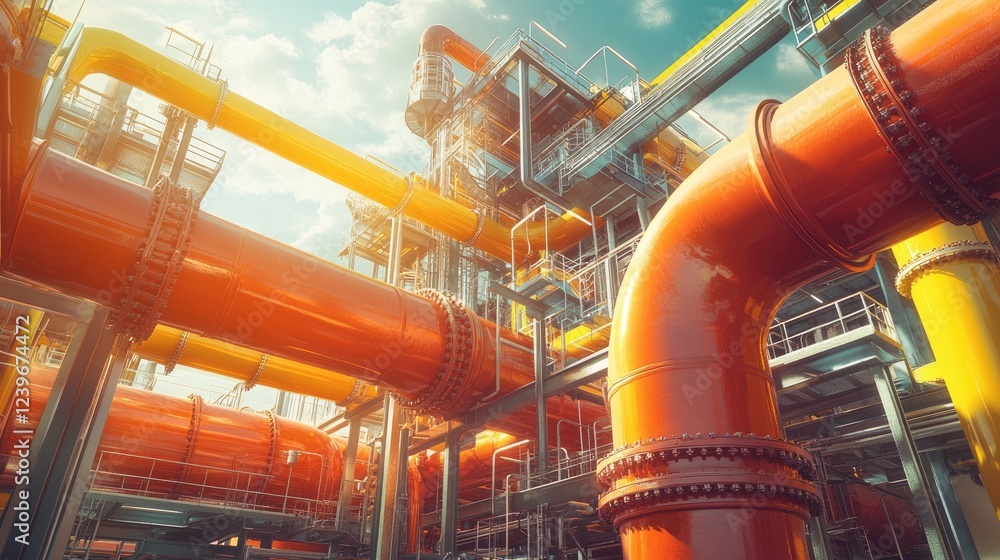 Aufkleber an industrial pipeline system with vivid colors and intricate designs, situated in a high-tech envir