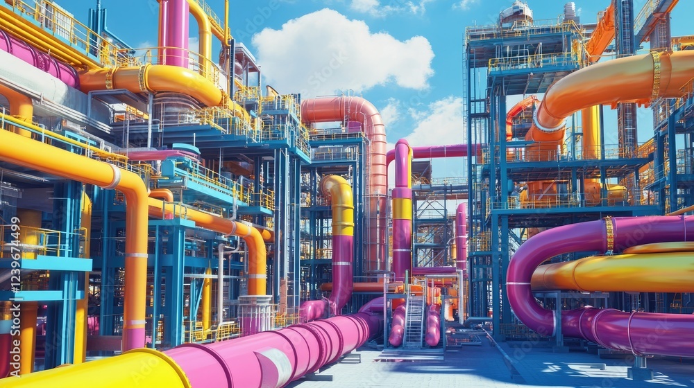Poster An industrial pipeline system with vivid colors and intricate designs, situated in a high-tech environment under a sunny sky, showcasing advanced engineering.