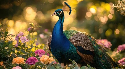 Fototapeta premium Elegant Peacock Displaying Vibrant Feathers Among Colorful Flowers