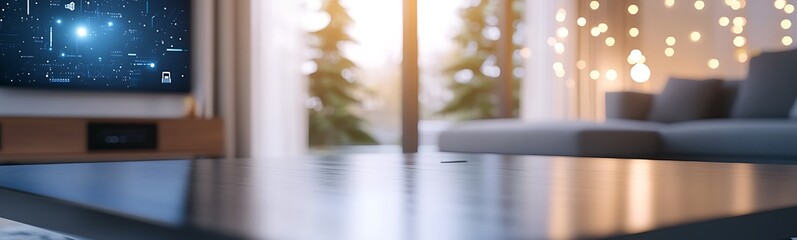 Modern living room with a stylish table, TV displaying stars, and soft glowing lights in the background.