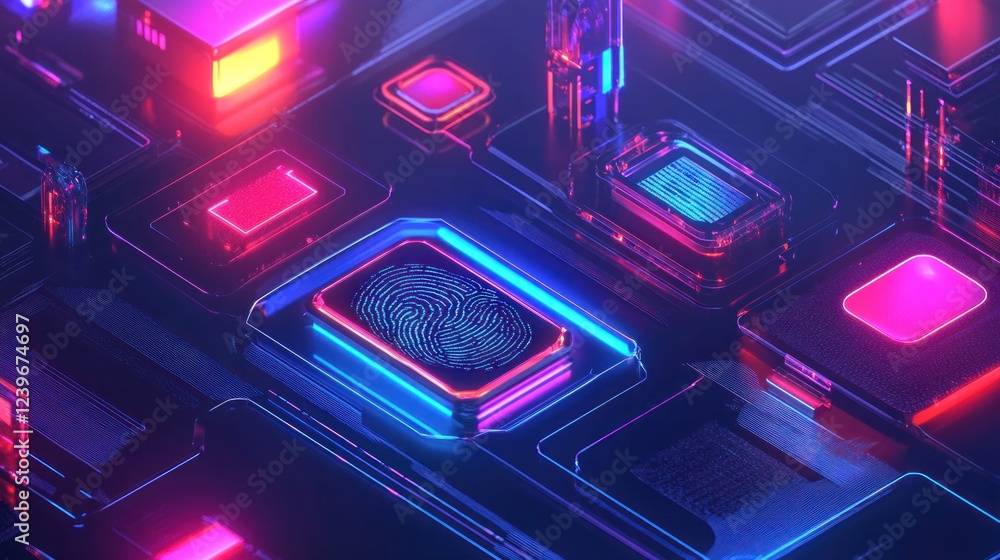Poster futuristic technology interface with fingerprint scanner and illuminated components