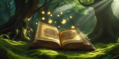 Obraz premium Magical Open Book in Enchanted Forest with Glowing Light and Floating Orbs, Creating a Mystical and Dreamlike Scene Full of Fantasy and Wonder 