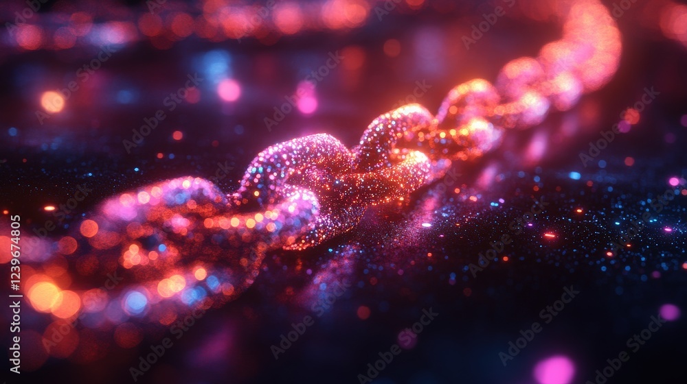 Poster vibrant glowing chain links intertwined on a dark background with sparkling particles