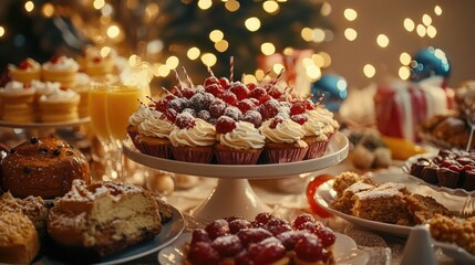 Colorful festive desserts and pastries with candles and Christmas lights