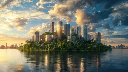 Fototapeta premium An urban island wrapped in lush vegetation, set against a dramatic sky filled with clouds, showcasing the beauty of sustainable urban design within nature.