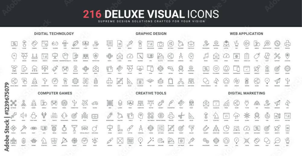 Fototapete creative graphic design tools, video games for computer and console, marketing line icon set. digita