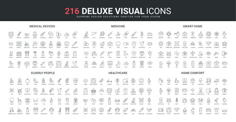 Healthcare and medicine for elderly, medical devices for health control line icon set. Smart home comfort services, furniture and electrical appliances thin black outline symbols vector illustration