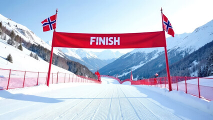 A ski run with a finish line banner and Norwegian flags waving at a winter sports event. Concept of alpine competition. Cross-Country Skiing Nordic Ski World Championships