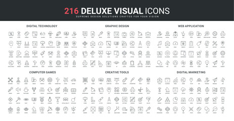 Creative graphic design tools, video games for computer and console, marketing line icon set. Digital technology, web app wireframe development thin black outline symbols vector illustration