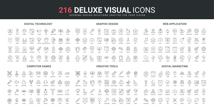 Creative graphic design tools, video games for computer and console, marketing line icon set. Digital technology, web app wireframe development thin black outline symbols vector illustration
