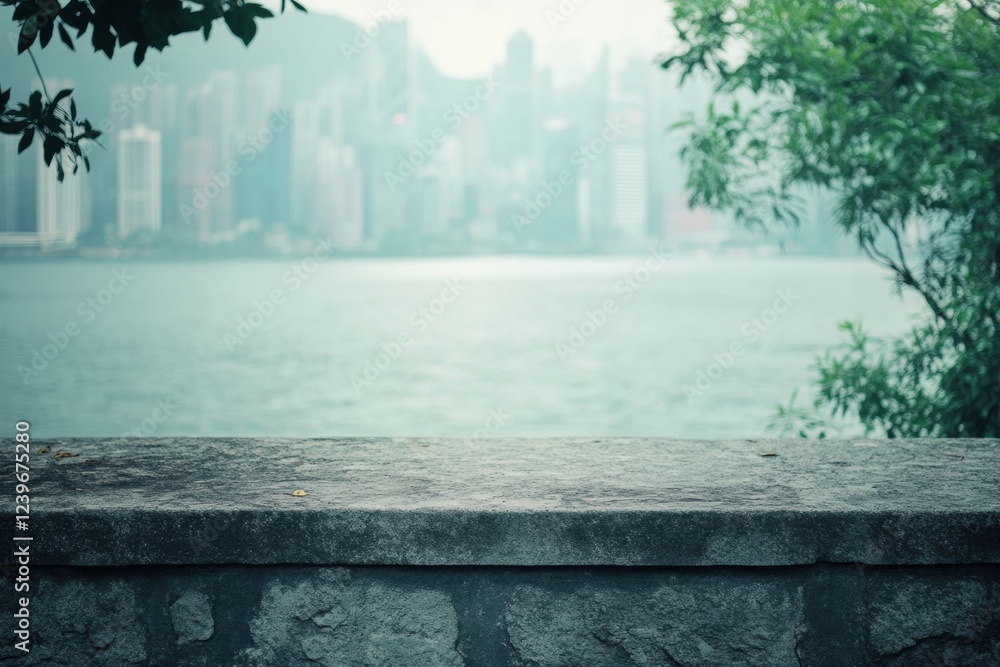 Poster scenic waterfront view of a city skyline with misty mountains in the background during early morning