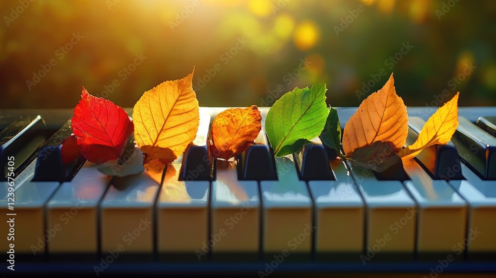 Poster autumn leaves arranged on piano keys, enhanced by diffused sunlight, creating a stunning visual of h
