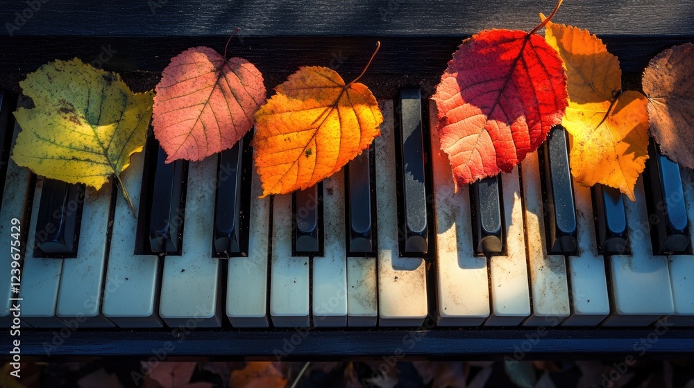 Poster autumn leaves arranged on piano keys, enhanced by diffused sunlight, creating a stunning visual of h