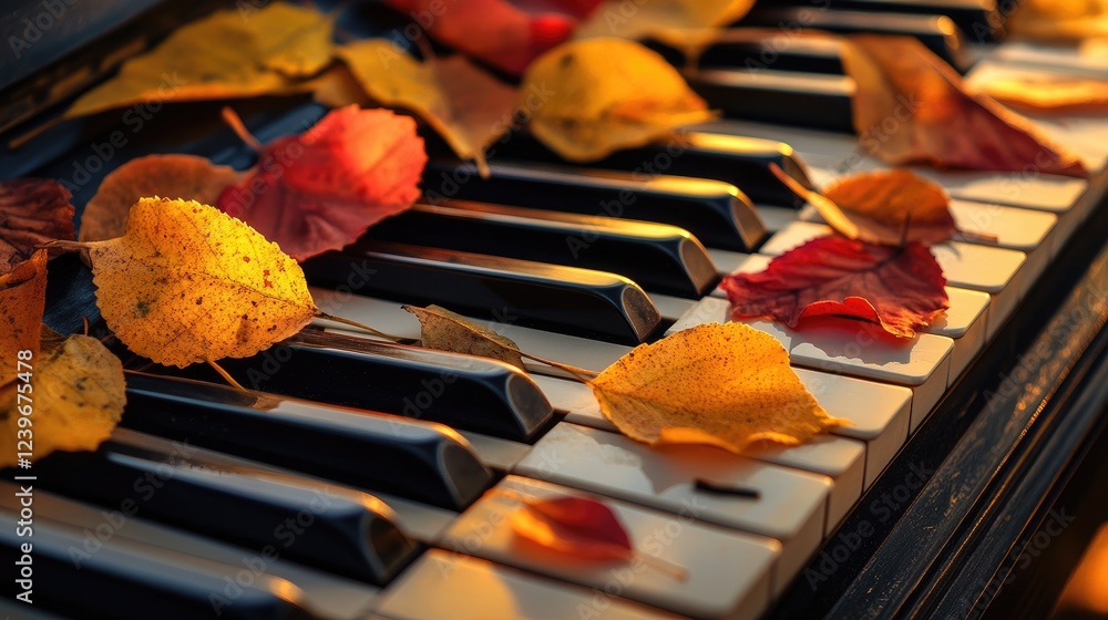 Poster autumn leaves arranged on piano keys, enhanced by diffused sunlight, creating a stunning visual of h