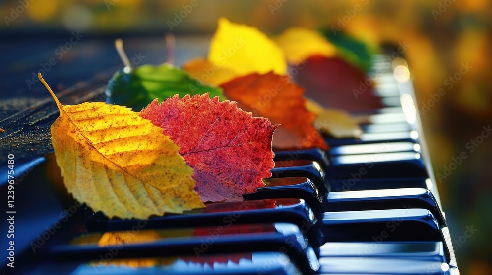 Poster autumn leaves arranged on piano keys, enhanced by diffused sunlight, creating a stunning visual of h