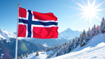 The Norwegian flag waves proudly against a backdrop of snow-covered mountains and a clear blue sky.  Concept of national pride.