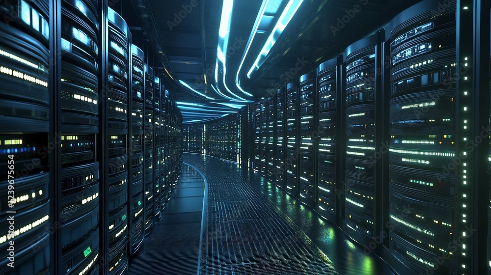 Poster futuristic server room with glowing lights and data processing infrastructure