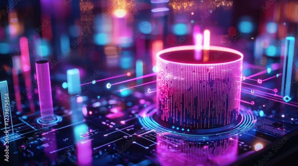 Poster futuristic data visualization with neon lights and digital patterns